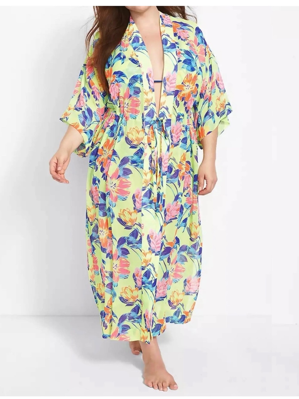 Swim by Cacique Lime Green Floral Swim Cover-Up with Tropical Accents Size 26/28